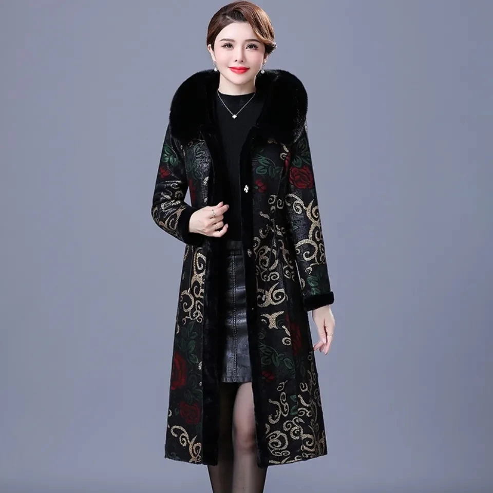 Winter Thicken Printed Double-sided One Piece Of Fur Winter Fur Coat Mid-length 6XL Mink Coat Plus Velvet Fur Coat