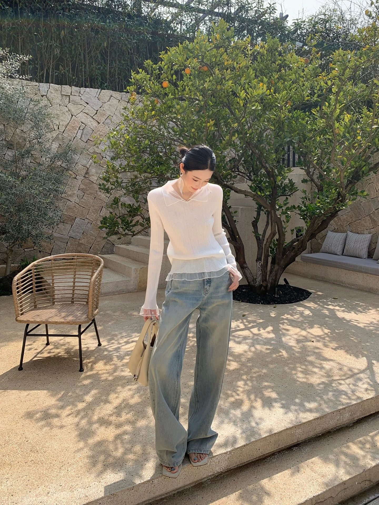 

Женский модный трикотажный топ ALIN Spring Mist из евроорганзы с V-образным вырезом и длинными рукавами, облегающий, из смесовой ткани (полиэстер и шерсть)