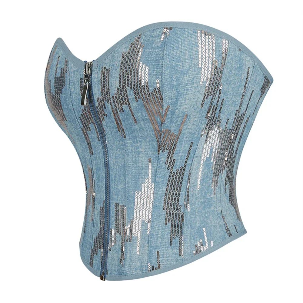 Sexy Off Shoulder Bustier Fashion Floral Print Denim Corset Crop Top Zipper Sleeveless Corsets Women Summer Party Streetwear