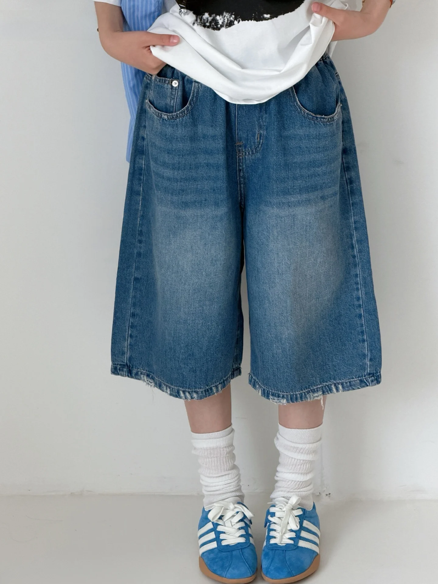 

Girls Blue Jeans Casual Wide Leg Pants Children's Summer Fashion Five-Quarter Length Elastic Waist Kids Clothing