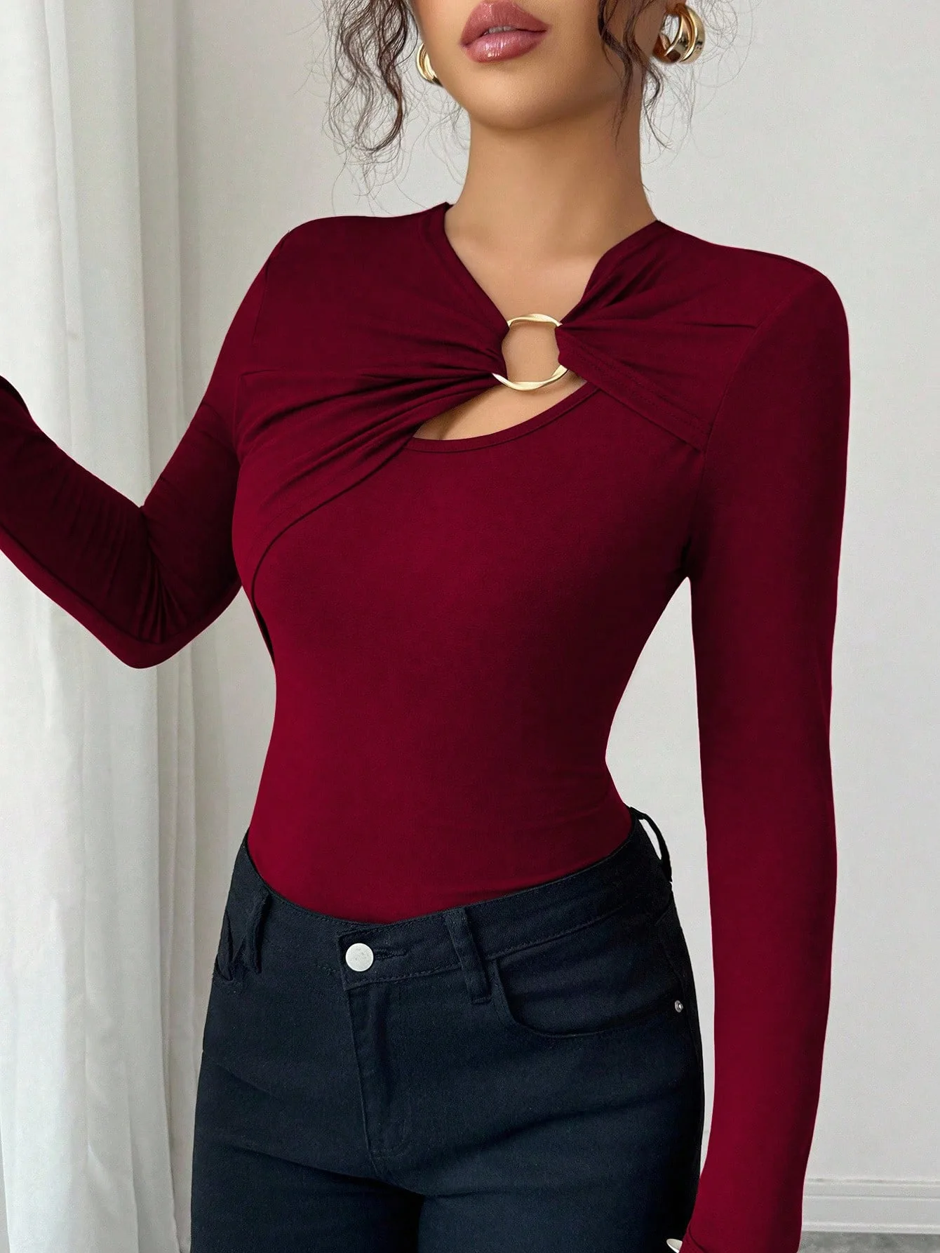 

Trendy New Women's T-shirt Slim Fashion Asymmetric Collar Metal Decoration Slimming Long-sleeved Top Pullover Versatile Tees