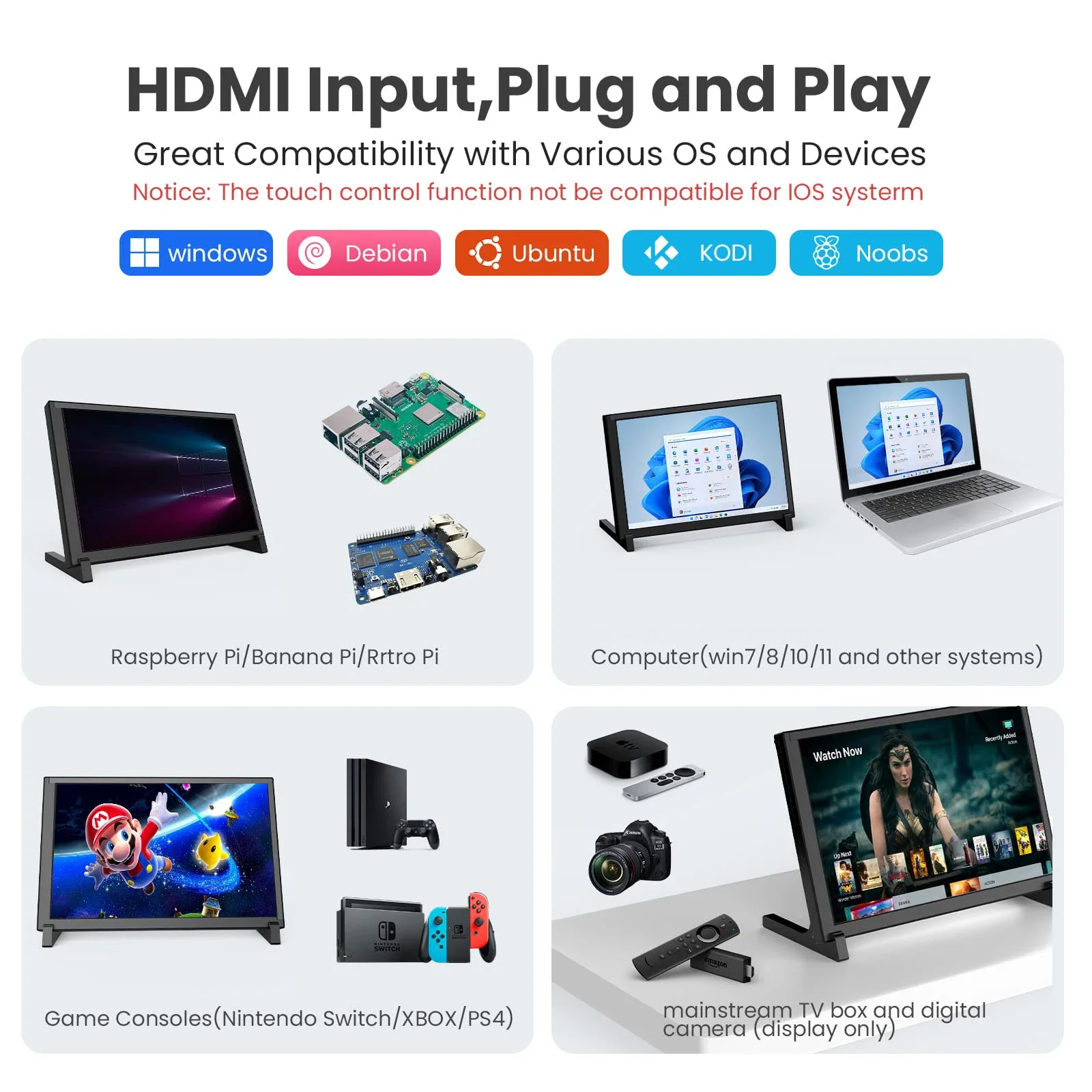 Imagem -06 - Hdr 1280x800 Ips Tela de Toque Capacitiva 10.1 Polegada Monitor Portátil para Raspberry pi 4b 3b Mais 3a Mais 2b Banana pi Win7 10 11