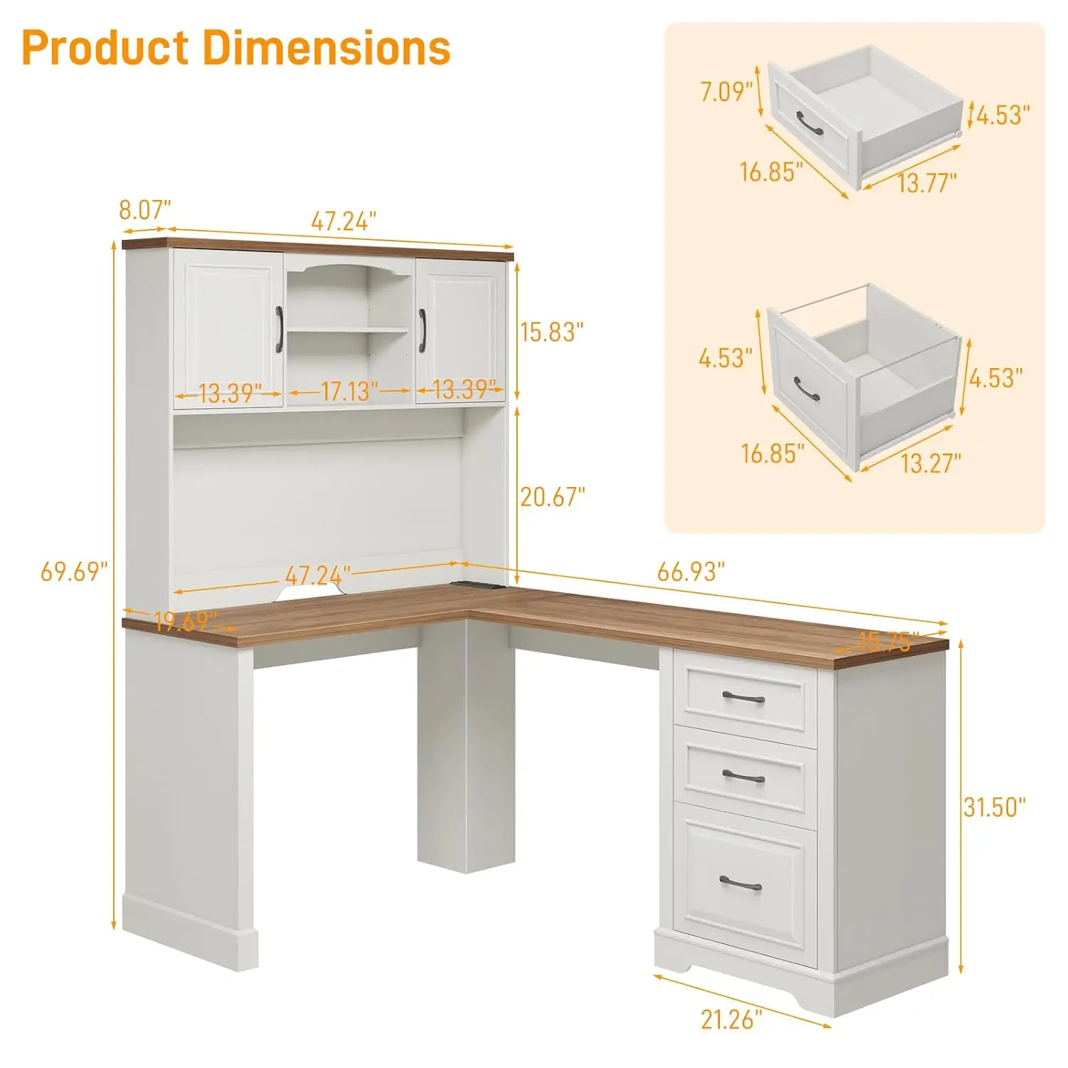 L Shaped Desk with Hutch & Charging Station, Corner Wood Workstation with File Drawers & Barn Doors for Home Office, 68
