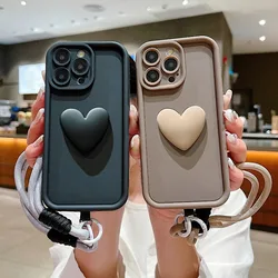 3D Love Heart Matte Soft Lanyard Rope Phone Case For Xiaomi Mi 14 13 12 11 Lite 14T 13T 12T Pro Poco X6 X5 F5 X3 M6 Pro 4G Cover