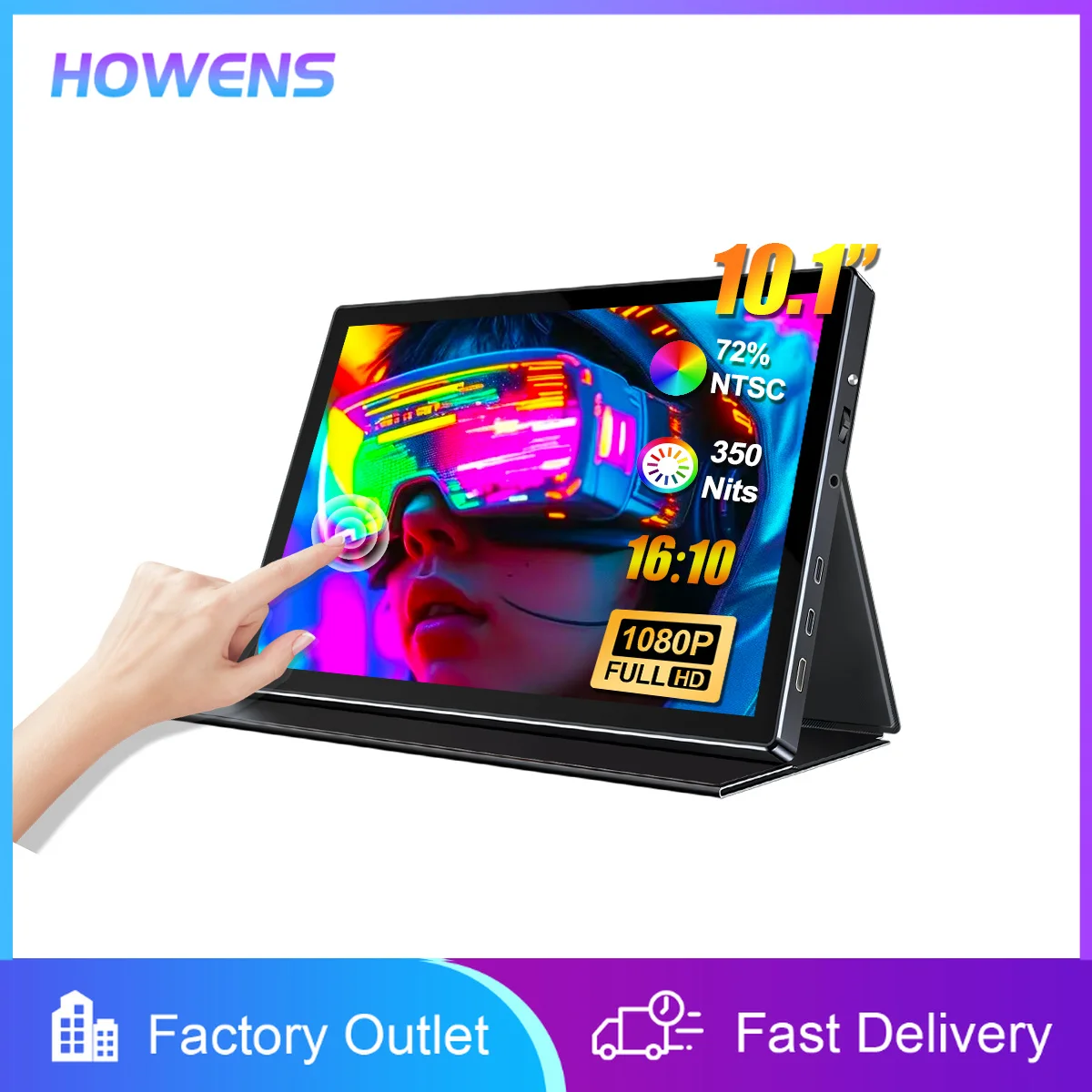 10.1inch Portable Monitor 1920x1200 HD Touch screen Gaming Office Travel Display Extender 75mm VESA for Mac Laptop Switch Phone