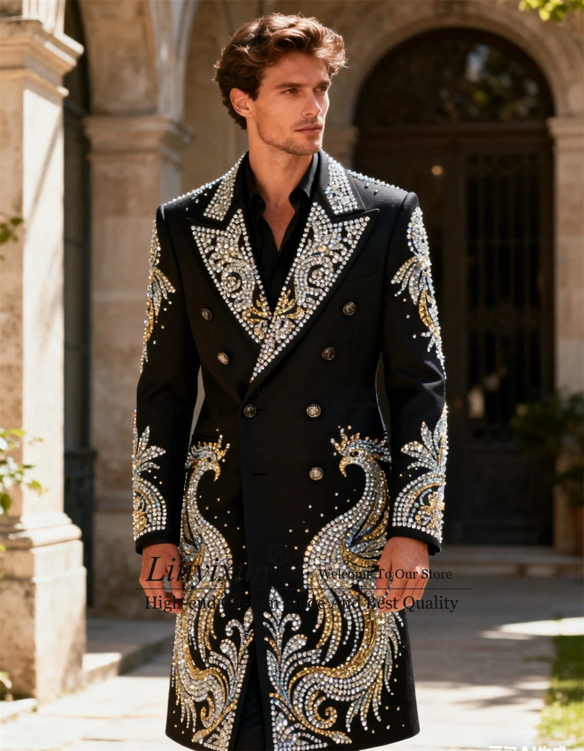 

Блестящие смокинги с металлическими украшениями, мужские костюмы, длинные пальто, брюки, пиджаки для жениха, свадьбы, выпускного вечера, комплекты из 2 предметов, индивидуальный костюм Homme