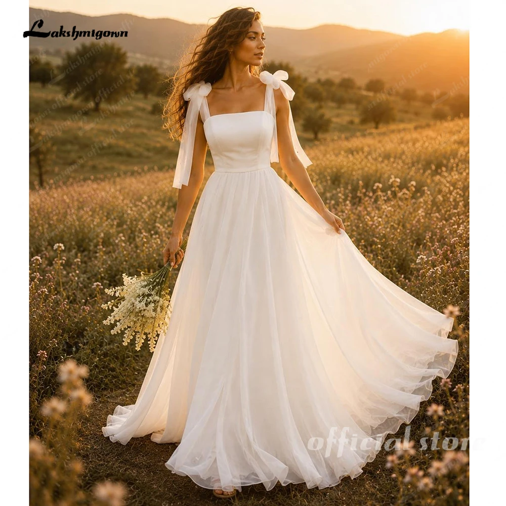 Lakshmigown Satin-Organza-Hochzeitskleider Günstige Tüll-Schleifen-Träger-Brautkleider Robe De Mariee Schnürung am Rücken Maßanfertigung – Detail 5
