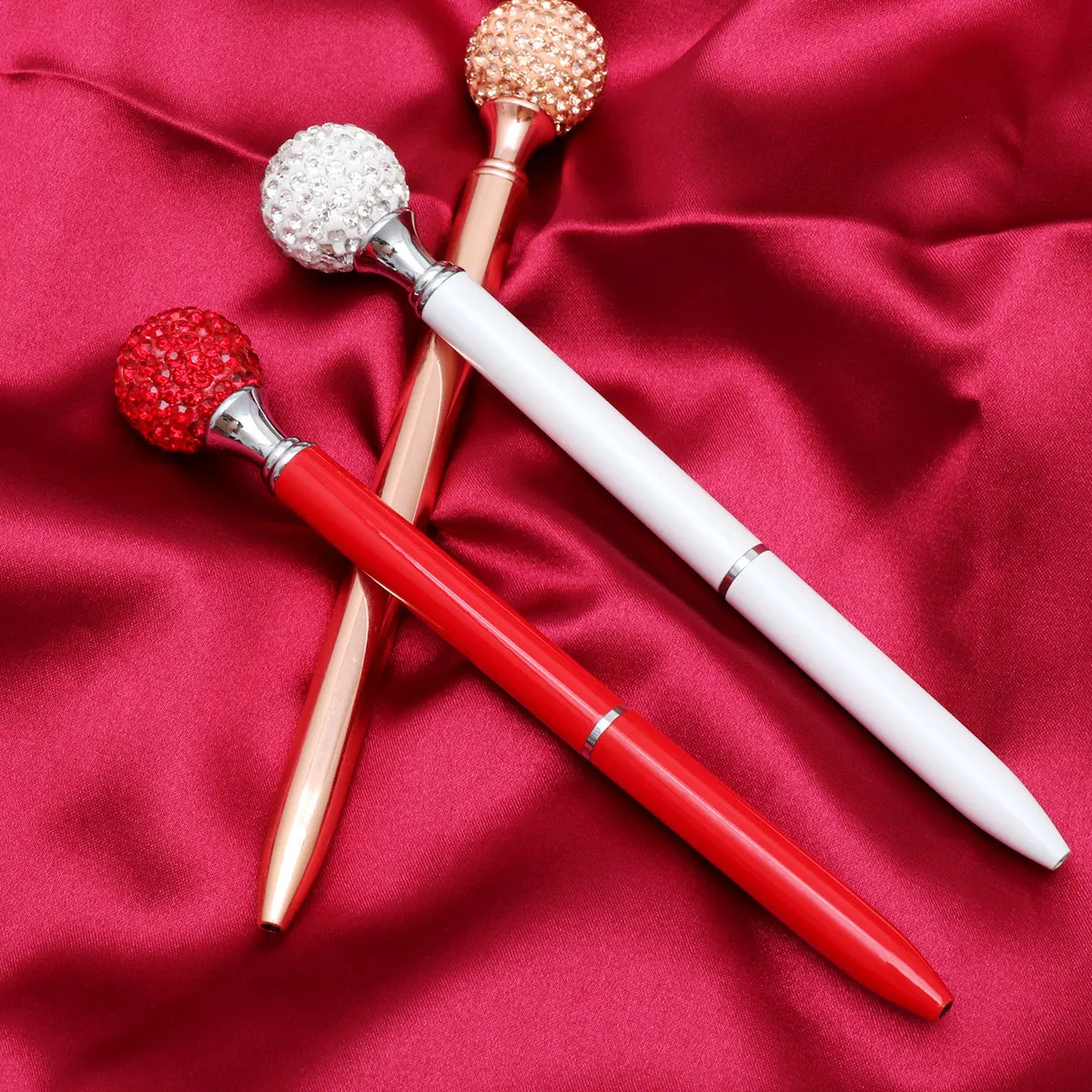 

3Pcs Crystal Ballpoint Pen Metal Bling Rhinestones Slim Lightweight Office School Supplies Rose Gold Red White