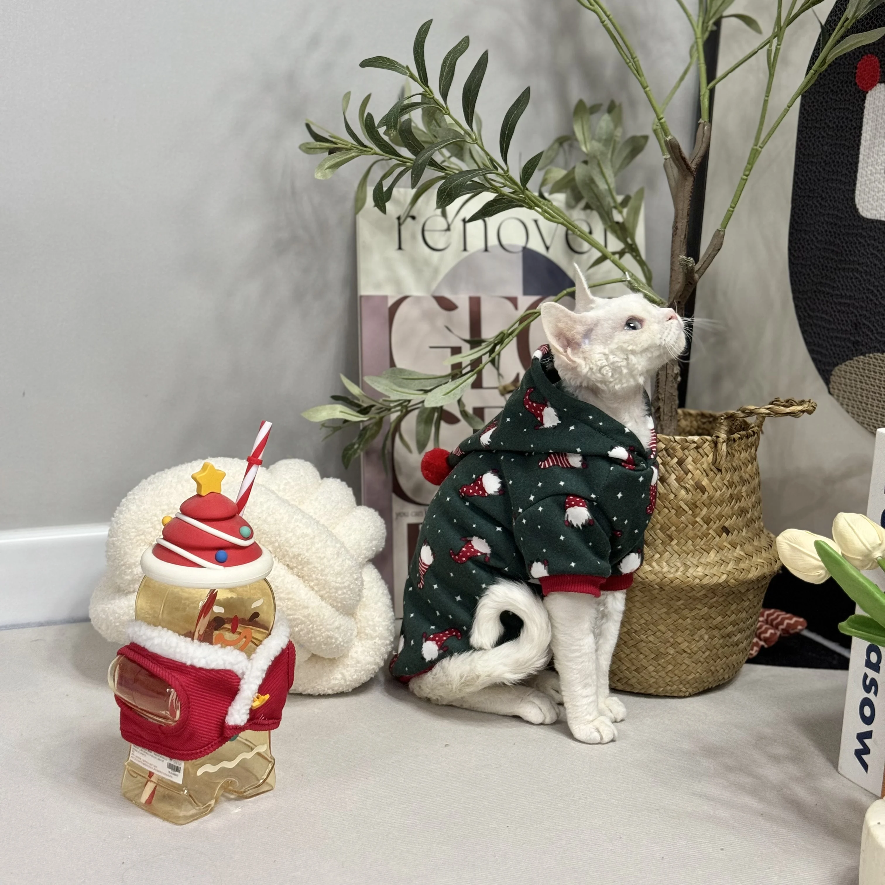 Christmas Snow Suit Clothes for Sphynx Cat Warm Sweater for Hairless Cat Winter Coat Fleece Jacket for Devon Rex Pet Product