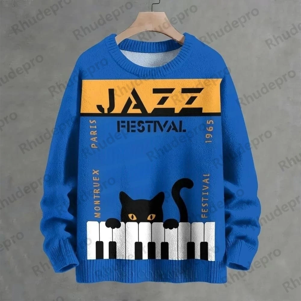 Men's Black Cat In Circles Crew Neck Sweater Print Knit Sweatshirt Women For Men Sweater Ropa De Hombre Man Clothes