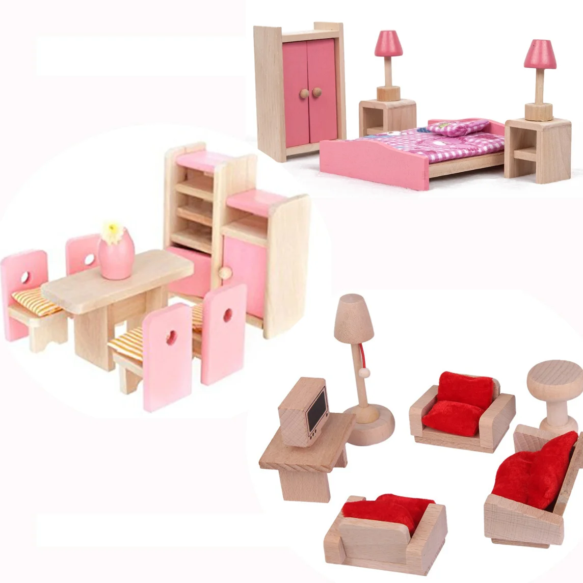 mini house Dining Room Wooden Furniture Set Table+Chair+Display Unit+Vase mini house furniture house furniture