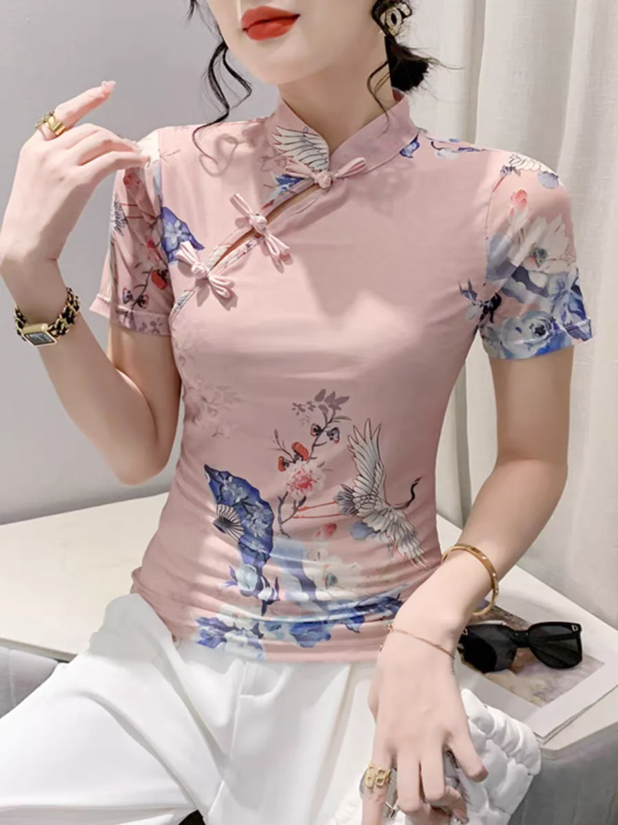 Summer Short Sleeve T-shirt Women Hollow Out Slim Stretchy Vintage Elegant Chinese Style Button T Shirts Tees