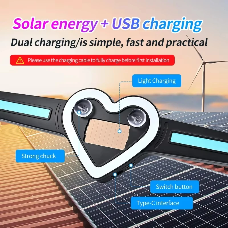 Solar Powered Heart Shape Car Rear Window LED Light Suction Cup Rechargeable Auto Windshield Atmosphere Decorative Neon Lamp ﻿