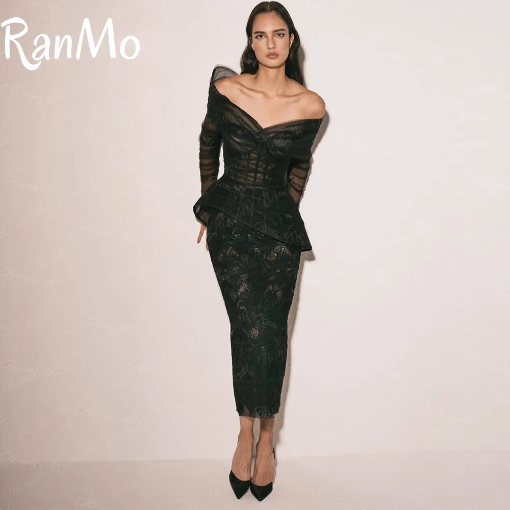 Ranmo 2025 Black Evening Dresses Tulle Lace Long Sleeves Prom Dresses Ankle-length Elegant Ladies Vestidos De Fiesta Customized