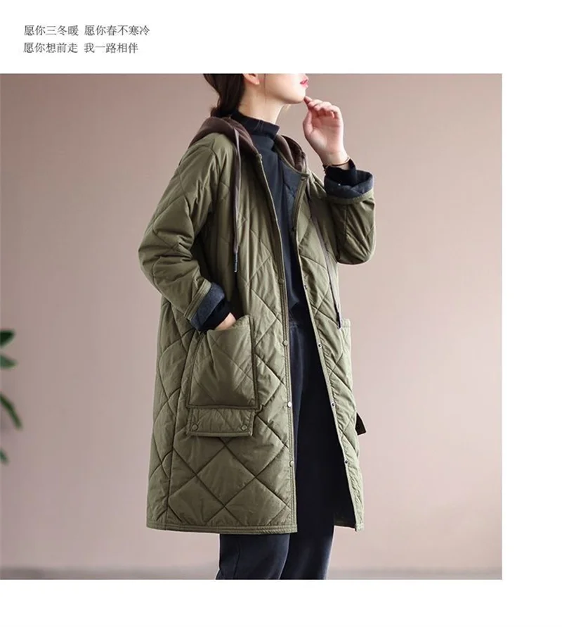 Cotton Jacket Long 2026 New Cotton Jacket Medium Long Loose mom Winter Diamond Grid Cotton Jacket Hooded Women's Coat Commuting