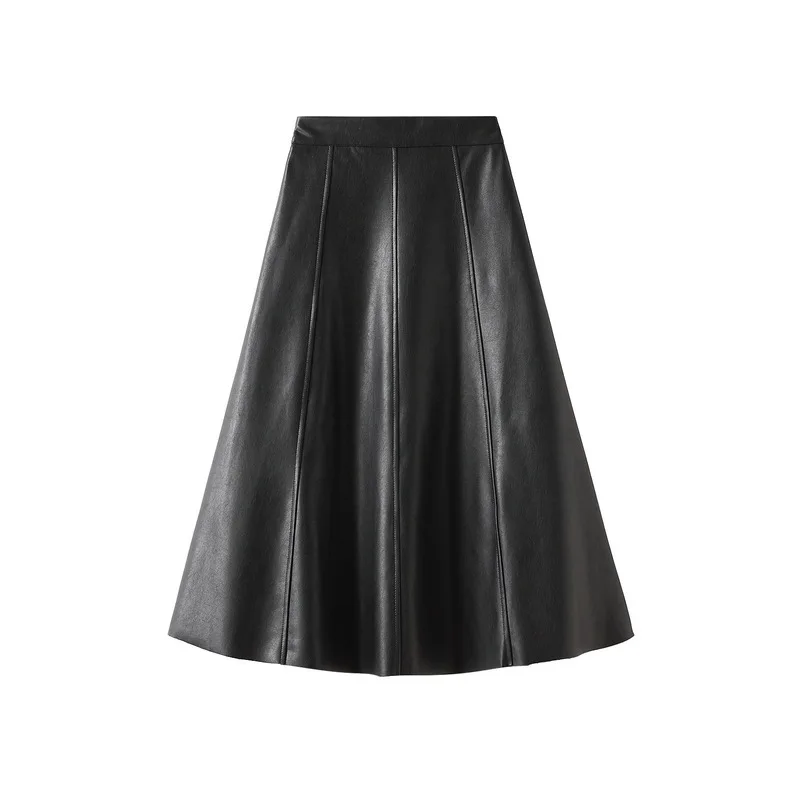 

New In 2024 Women's Autumn Winter High Waist Elegant Black Pu Leather Midi Skirt Fashion Female Solid Color A-line Faldas
