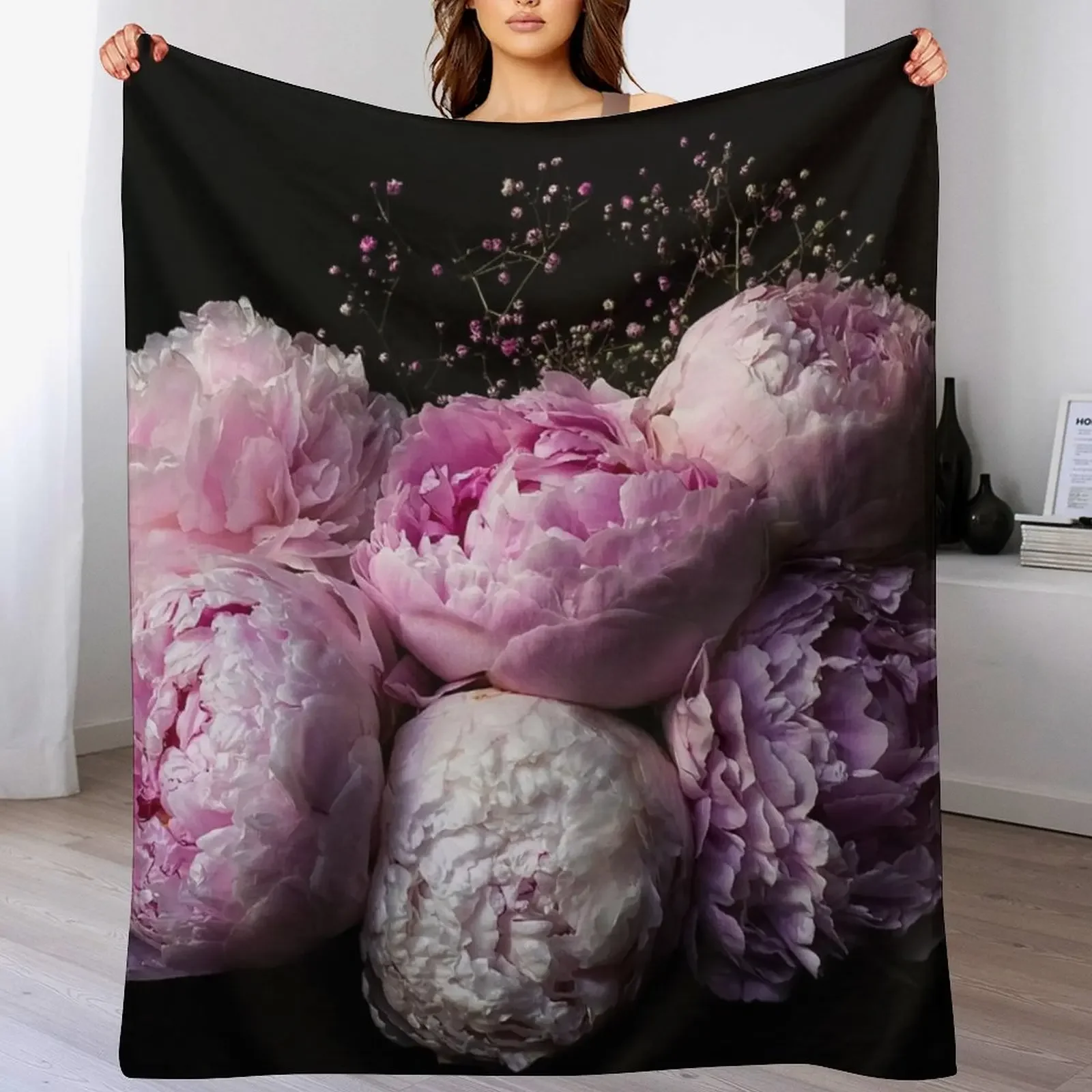 Peony in Pink Throw Blanket Soft Warm Blanket Gift for Grandparents