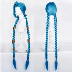 Economical LOL Jinx Cosplay Wig Long Braided Blue The Loose Cannon Wig with Blue Braid Heat Resistant Synthetic Hair Anime Wigs