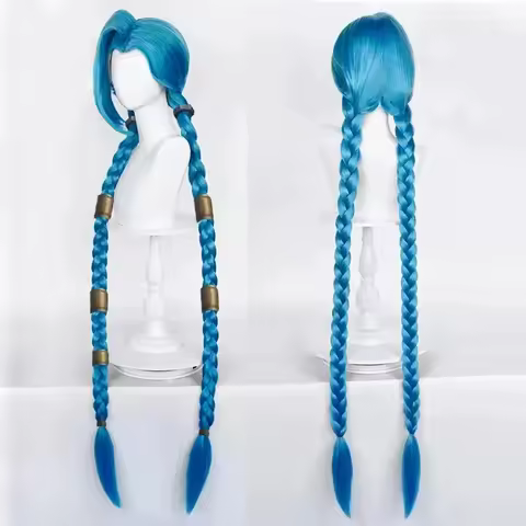 Economical LOL Jinx Cosplay Wig Long Braided Blue The Loose Cannon Wig with Blue Braid Heat Resistant Synthetic Hair Anime Wigs