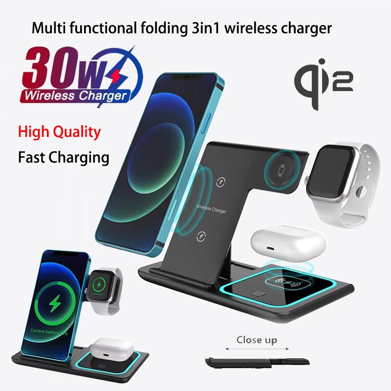 

Многофункциональная складная беспроводная зарядная станция 3 в 1 2025 для iPhone 12/13/14/15/16/17 Pro Max Samsung Xiaomi, быстрая зарядка