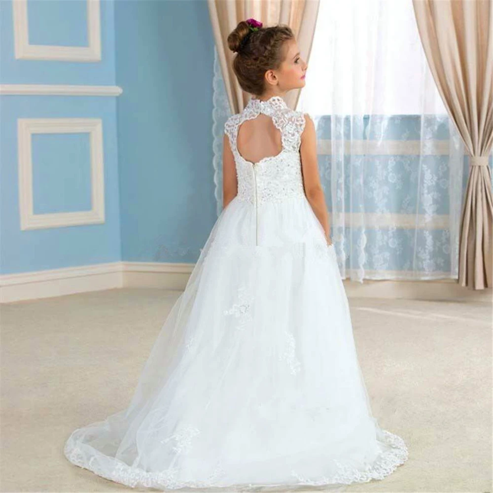 Branco elegante primeira comunhão vestidos sem mangas tule renda impressão sem costas vestido da menina de flor princesa bola crianças presente aniversário