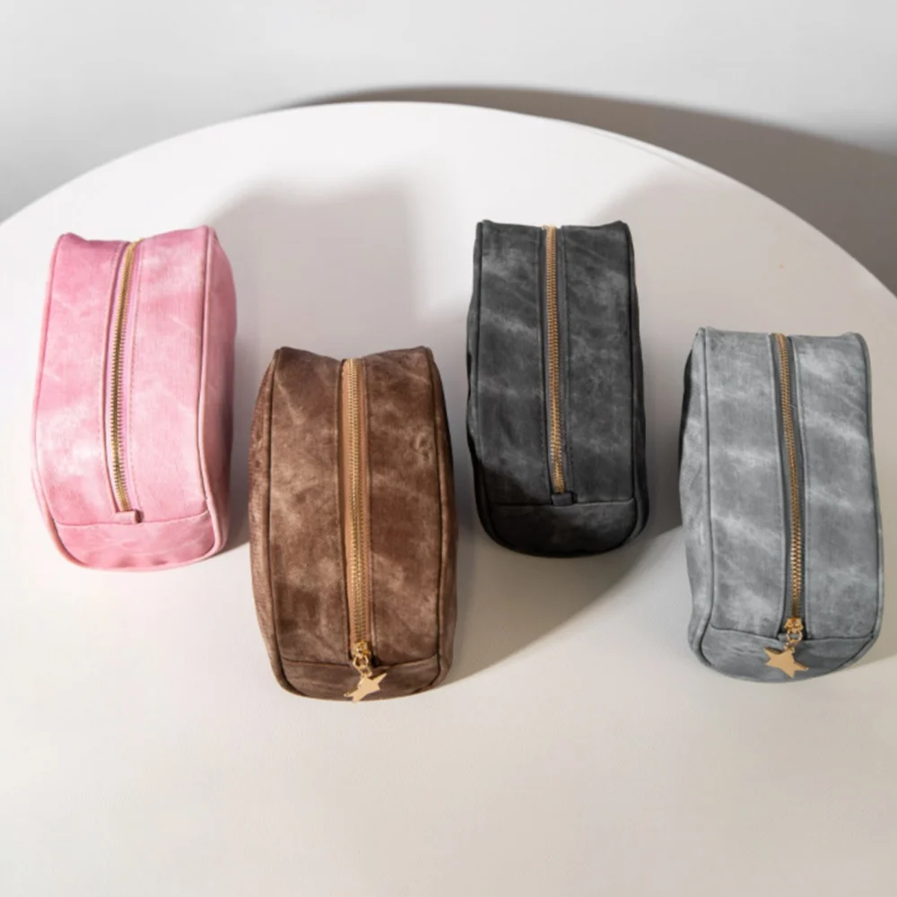 Double Layer Travel Makeup Bag with Makeup Brush Compartment 2-in-1 Denim Texture Cosmetic Case Waterproof Large Toiletry Pouch