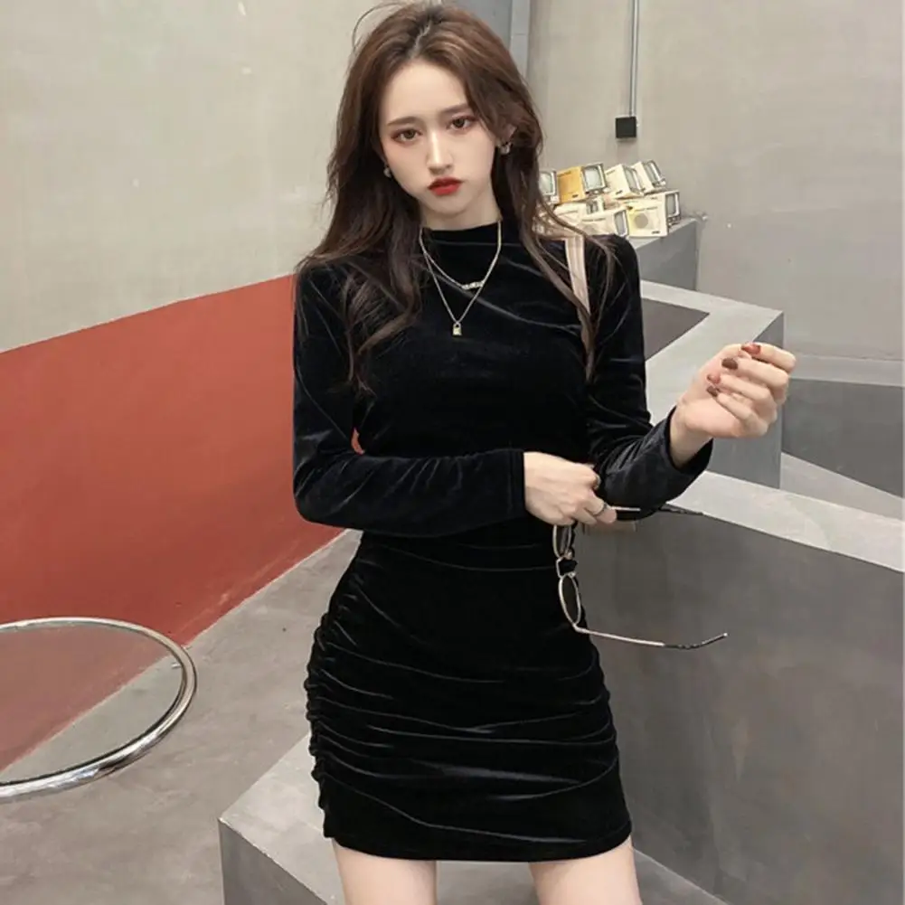 

Women Spring Fall Dress Pleated Sheath Slim Fit Solid Color Long Sleeve Retro Mock Collar Elastic High Waist Above Knee Dress