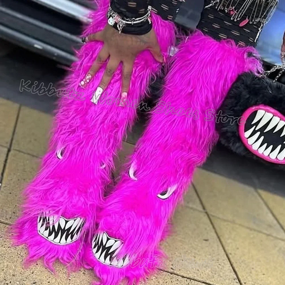 

Furry Funny Knee High Boots Novelty Fashion Comfortable Elegant Sexy Round Toe Women Shoes Winter Warm New Mixed Color Slip-On