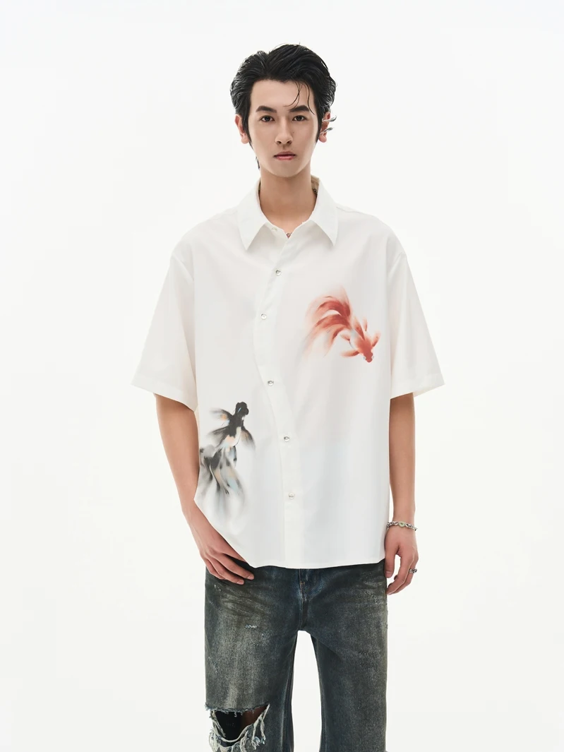 

DIBINSAI "Cloud,Fish and Catching the Moon" New Chinese Style Short-sleeved Shirt with Printed Patterns