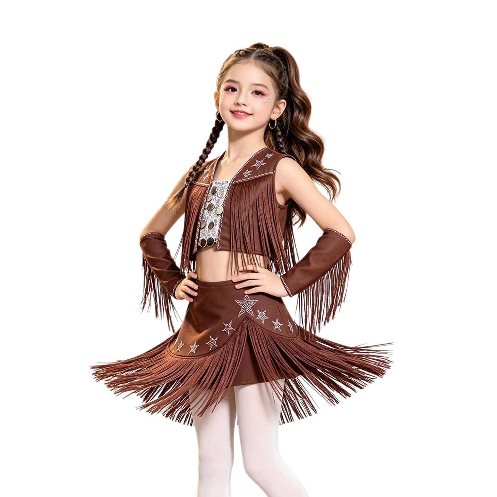 Kids Girls Jazz Stage Performance Competition Dancewear Sleeveless Rhinestone Tassel Crop Tops Vest with Skirt Oversleeve Set