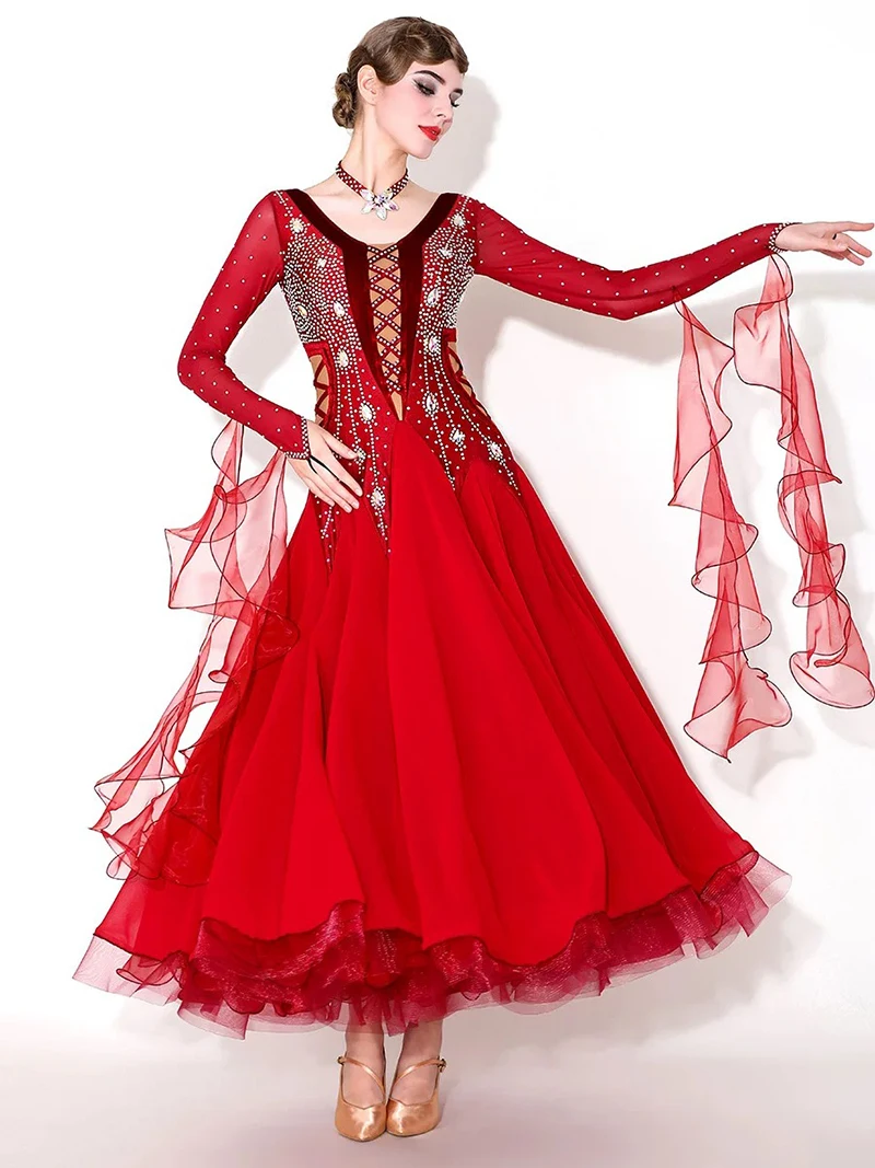 Standard Waltz Dance Dress Adult Red Shiny Diamond Tango Ballroom Competition Dancing Costume Women's Ballroom Dance Dresses