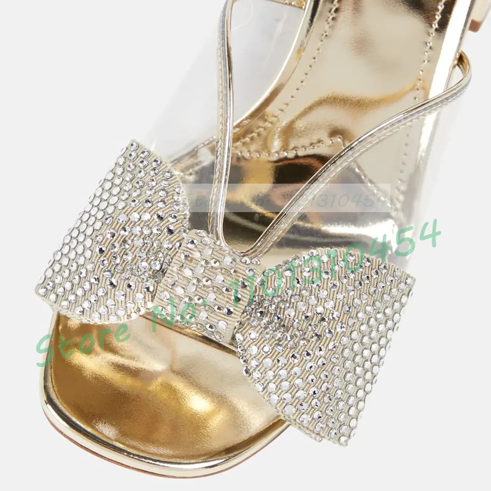 Gold Crystal Bow Pvc Slippers Women Peep Toe Sweet Clear Sparkling Med Heels Shoes Summer New In Female Casual Patent Slippers