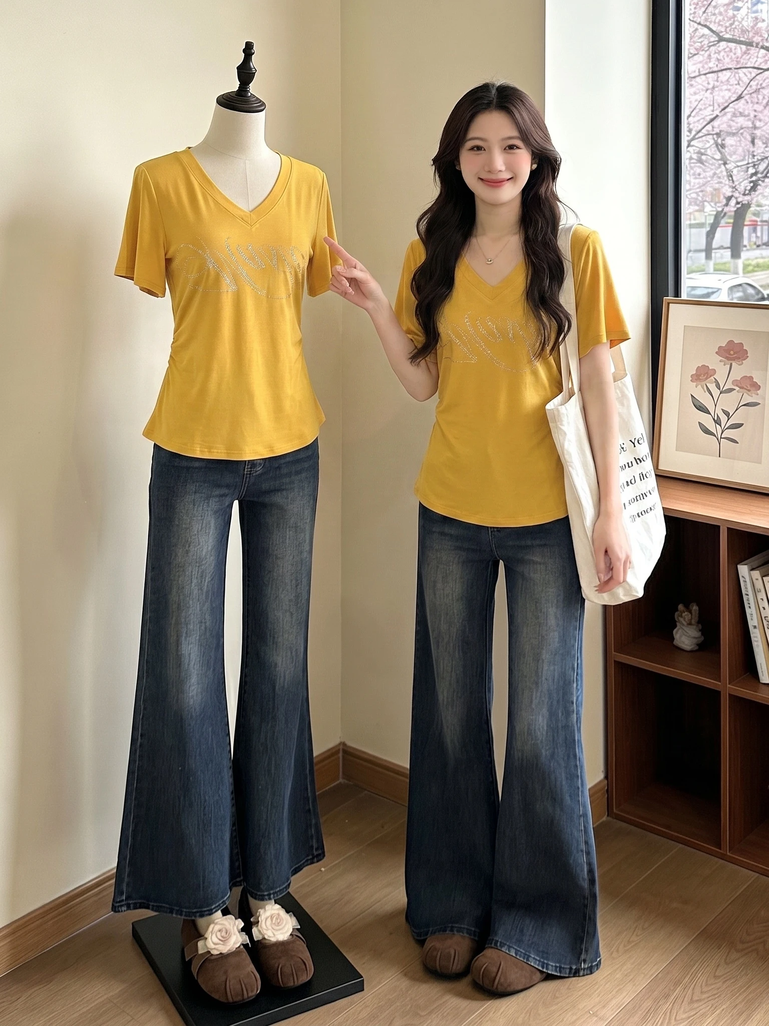 Yellow V-Neck Short Sleeve T-Shirt Women's Summer New Style plus Size Fashionable Age-Defying Asymmetrical Top Commute Wind