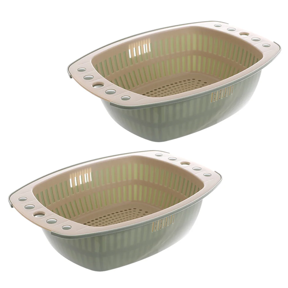 2 Pcs Draining Basket Fruit Strainer Double-layer Vegetable Washing Basin Green