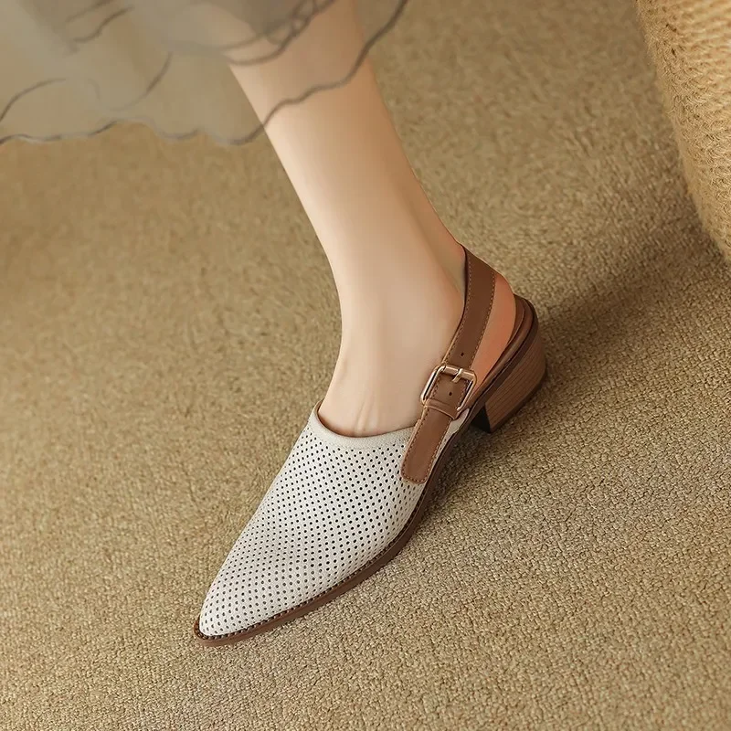 Beige Perforated Leather Slingback Sandals | Pointed - Toe Chunky Heel French Retro Style