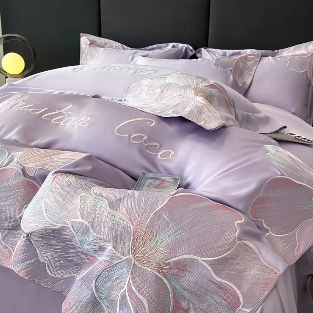 Premium Class A Cool Washed Tencel Four-piece Set Ice Silk Naked Sleeping Flower Embroidery Quilt Cover Sheet Pillowcase Bedding