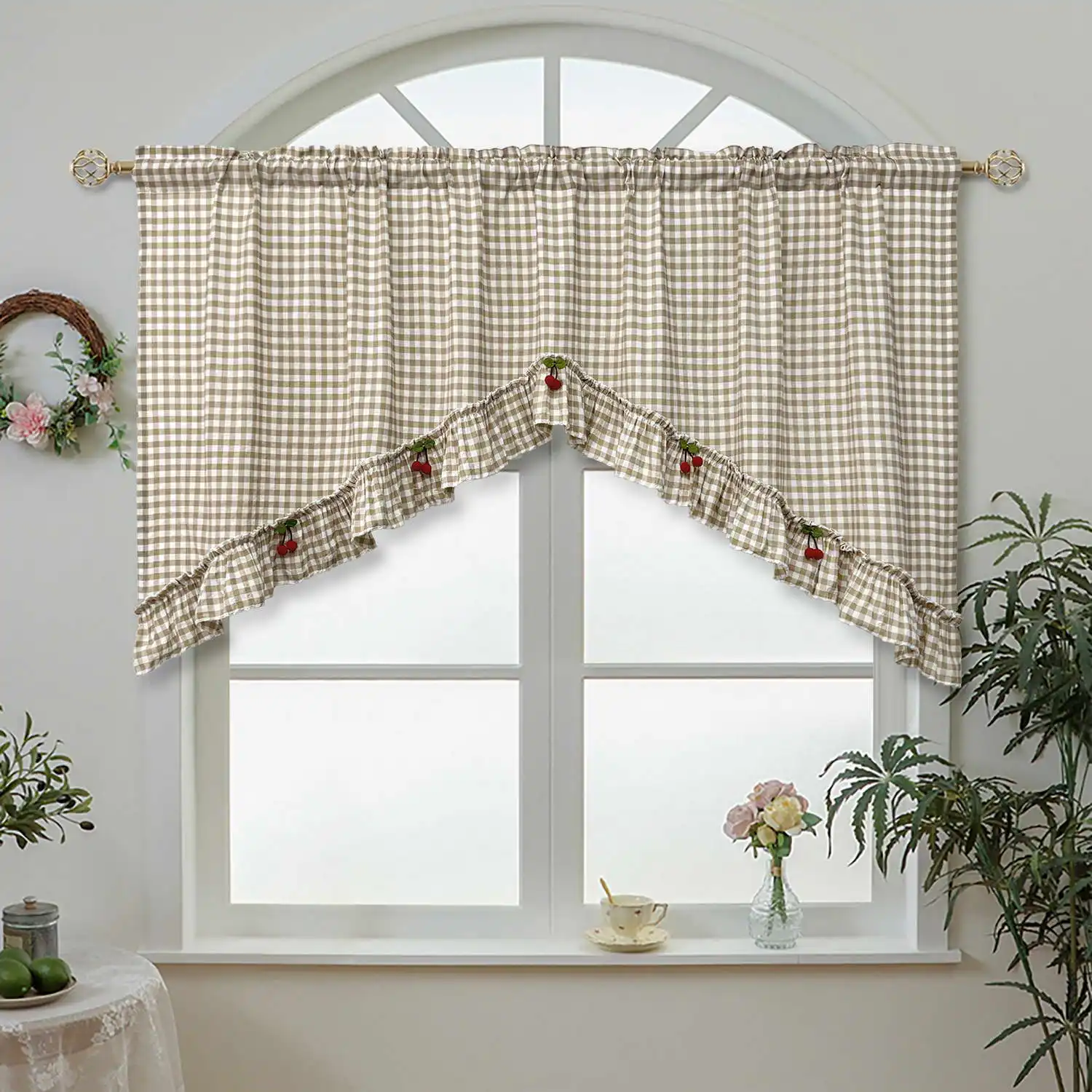 1PC Retro Apricot White Lattice Curtain for Kitchen Small Window Kitchen Drape With Red Cherries Cafe Study Home Decoration