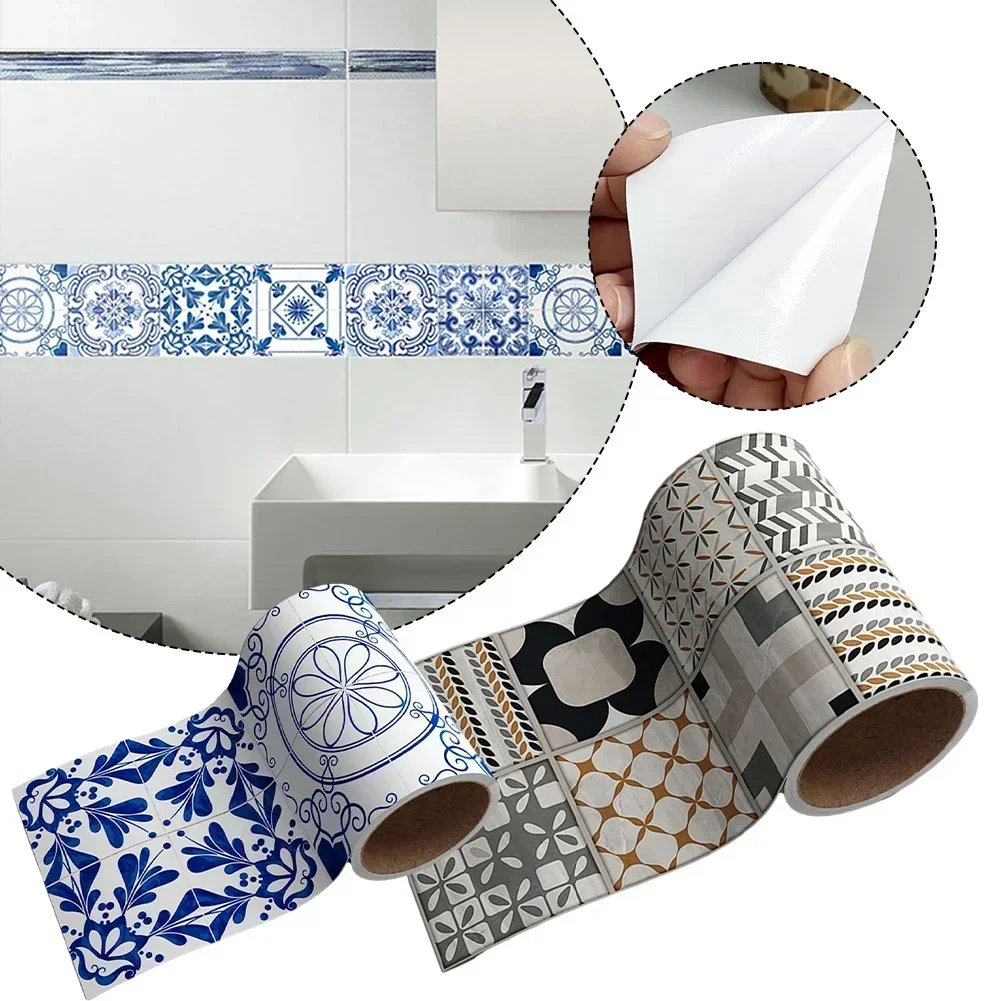 1 Roll Bathroom Waist Line Wall Stickers Waterproof PVC Self-adhesive Art Stick Mural Backsplash Kitchen Skirting Line Decor
