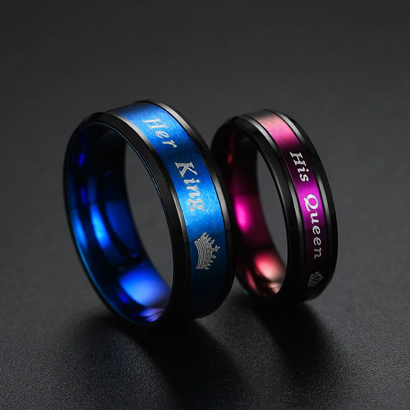 Fashion Blue Purple Couple Ring Jewelry Her King and His Queen Stainless Steel Wedding Rings For Women Men Engagement Ring