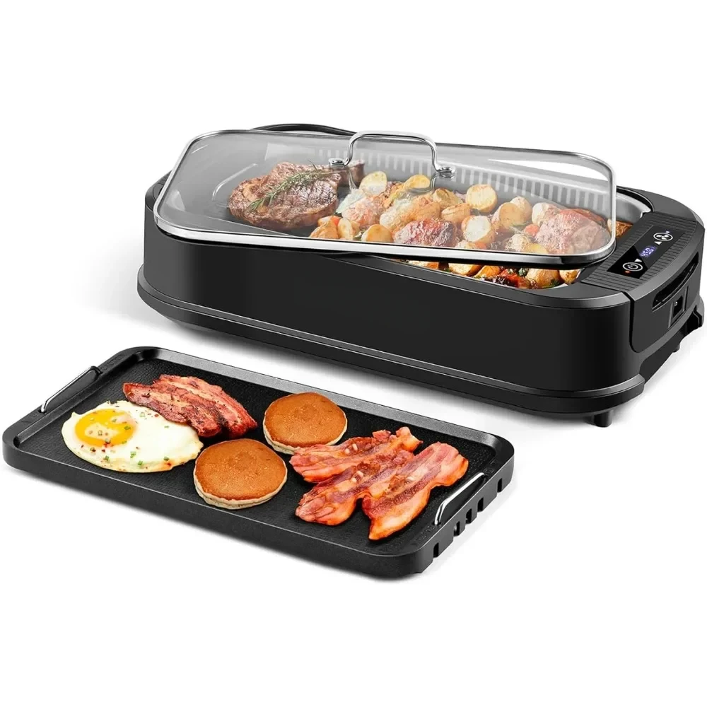 Electric Smokeless Grill, Electric Grill Griddle with LED Smart Display & Tempered Glass Lid, Non-stick Removable Grill Plate