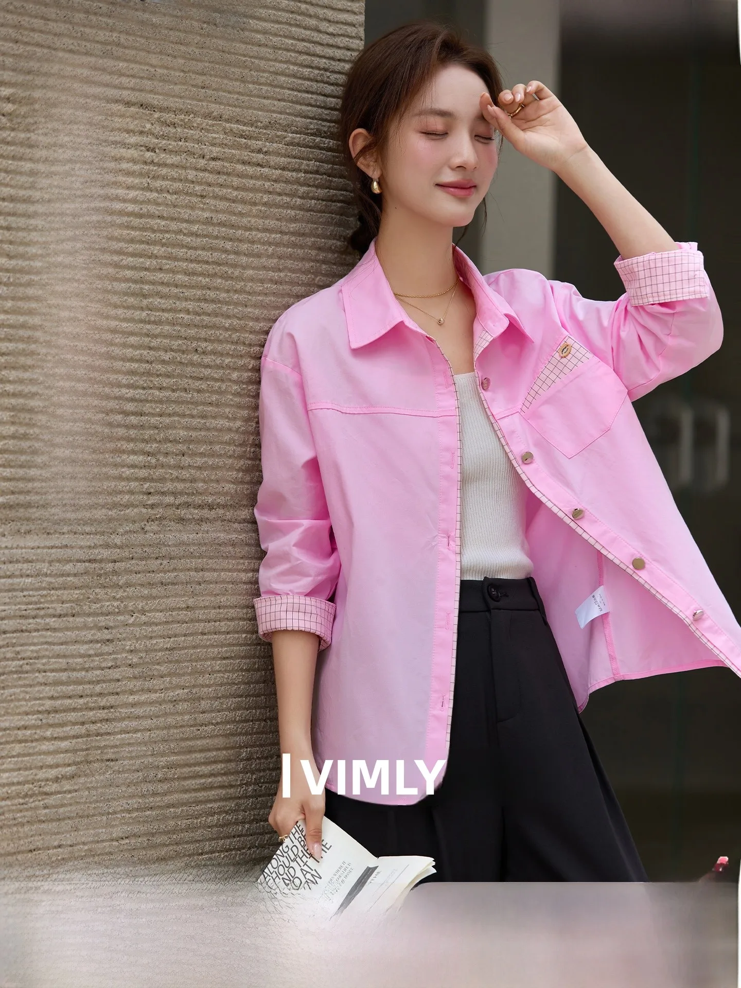 

Pink Pure Cotton Shirt Women's Commute Versatile Flip-Collar Spring New Plaid Design Outerwear Casual Loose Fit Breathable