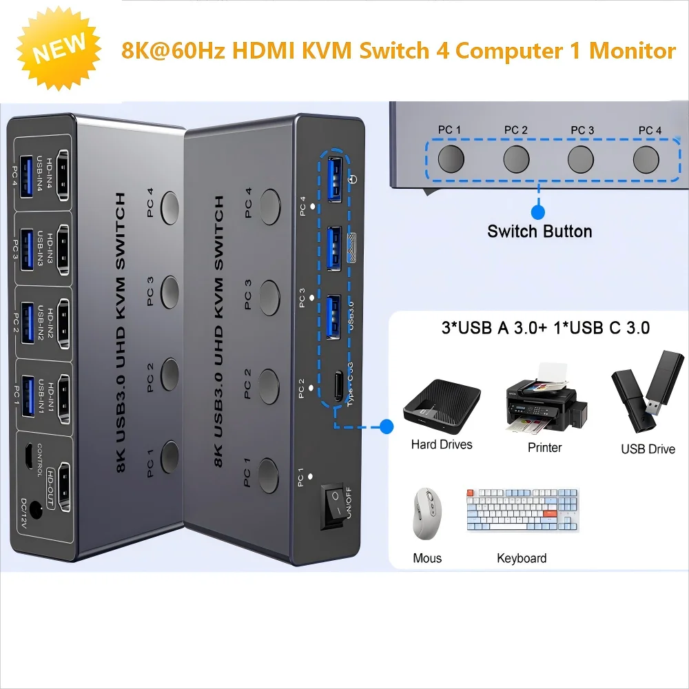 

KVM-переключатель USB 3.0, 4 компьютера, 1 монитор, 8K при 60 Гц, алюминиевые KVM-переключатели HDMI, 4 ПК, Share, клавиатура, мышь, жесткие диски, принтер и т. д.