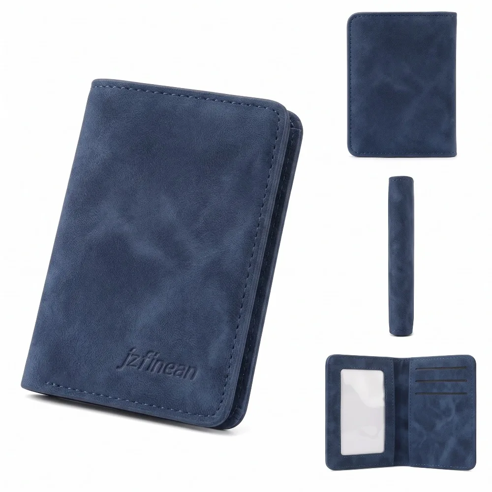 Slim Vertical RFID Blocking Bifold Wallet for Men Minimalist Compact Purse Suede Faux Leather with Clear ID Window Card Holder