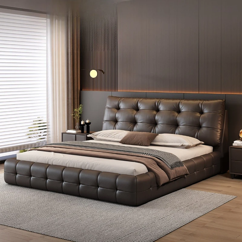 Cama de 2 metros de altura, de alta gama, con base tapizada, estilo italiano minimalista, de cuero, para dormitorio, con base atmosférica, para cama queen, muebles de dormitorio