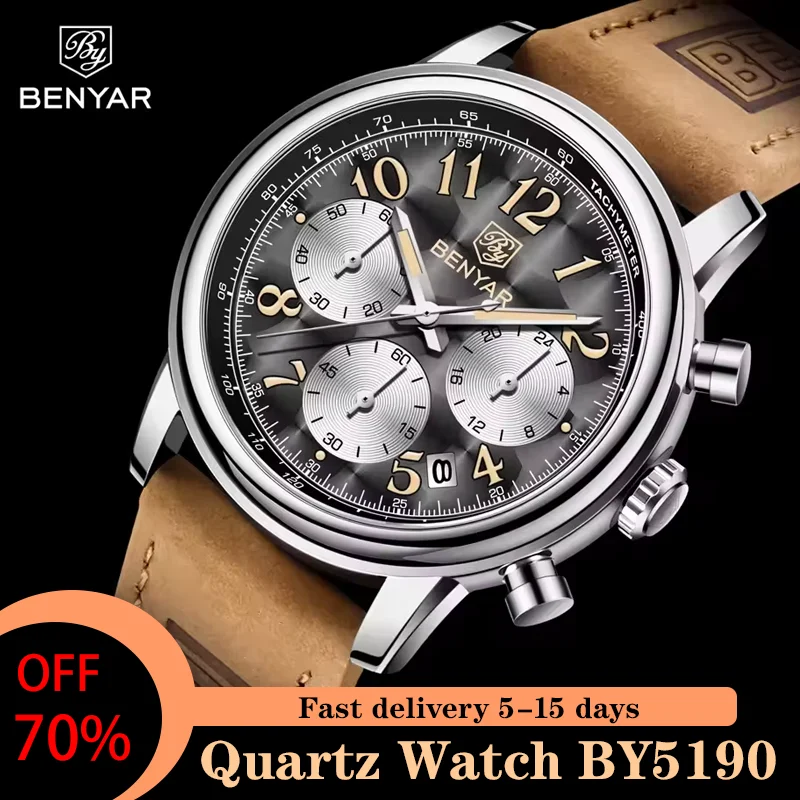 

BENYAR Top Brand Luxury Quartz Men Watch 2025 New Retro Leather Waterproof Shockproof Date Luminous Military Sports Watch BY5190