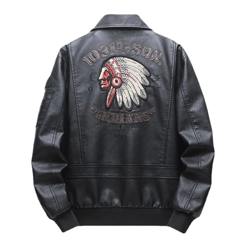 MaiDangDi Autumn and Winter New Embroidered Men's Leather Jacket with Lapel Air Force PU Leather Motorcycle Jacket Men's Trend