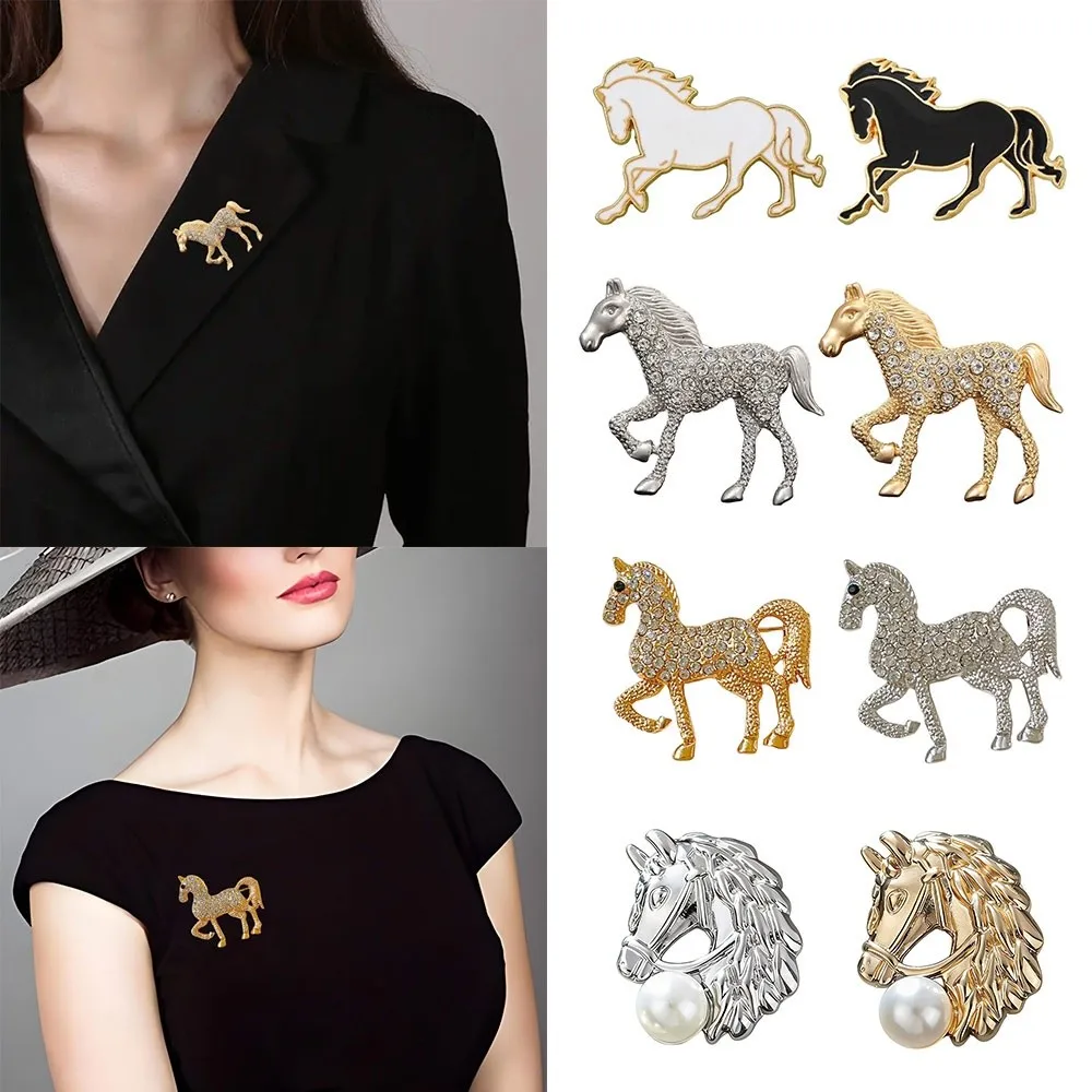 New Sparkling Horse Brooches Pearl Elegant Zodiac Animal Badge Decorative Rhinestones Brooch Pins Gift