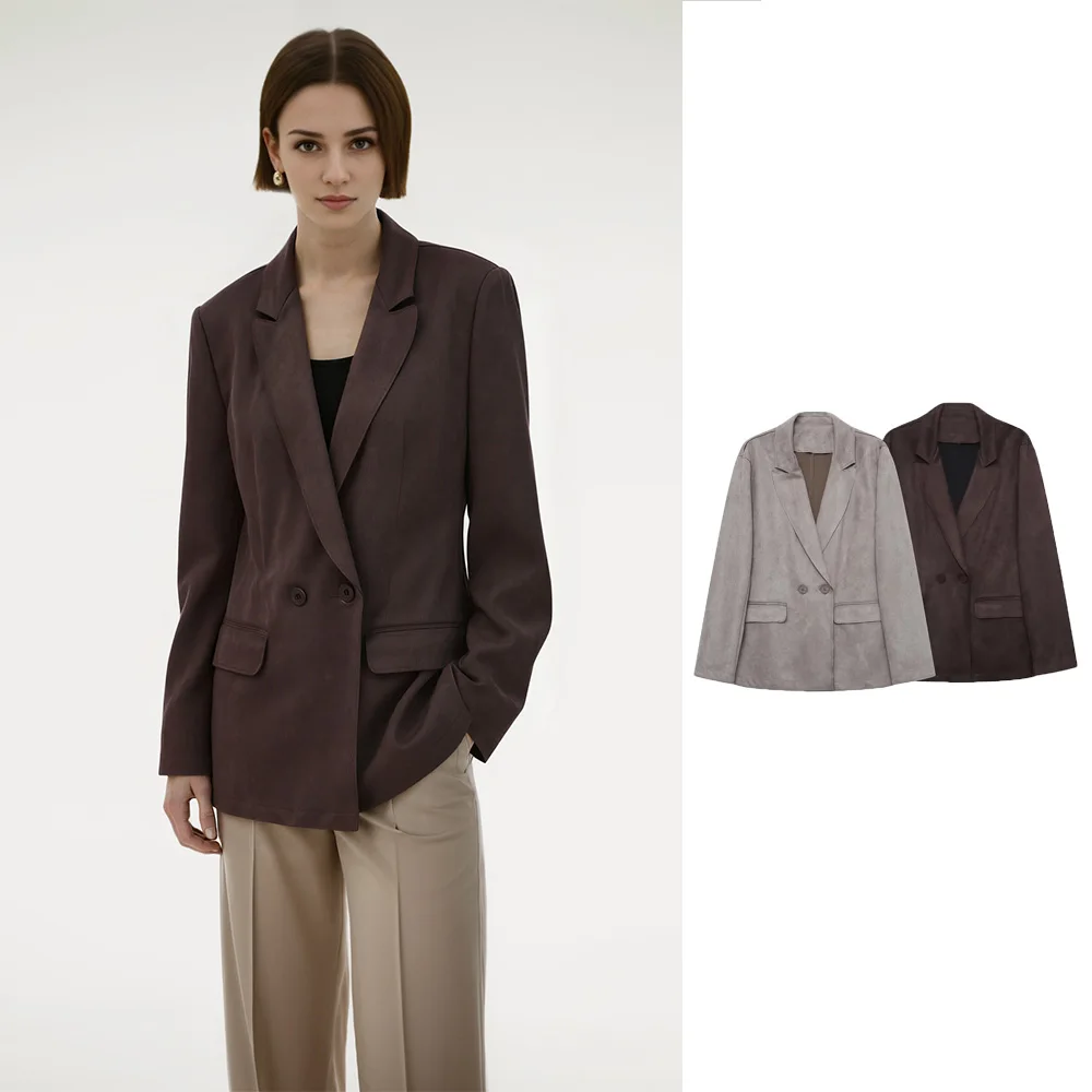 Nueva chaqueta de traje con efecto de gamuza de manga larga con solapa y bolsillo abatible informal a la moda para mujer de invierno