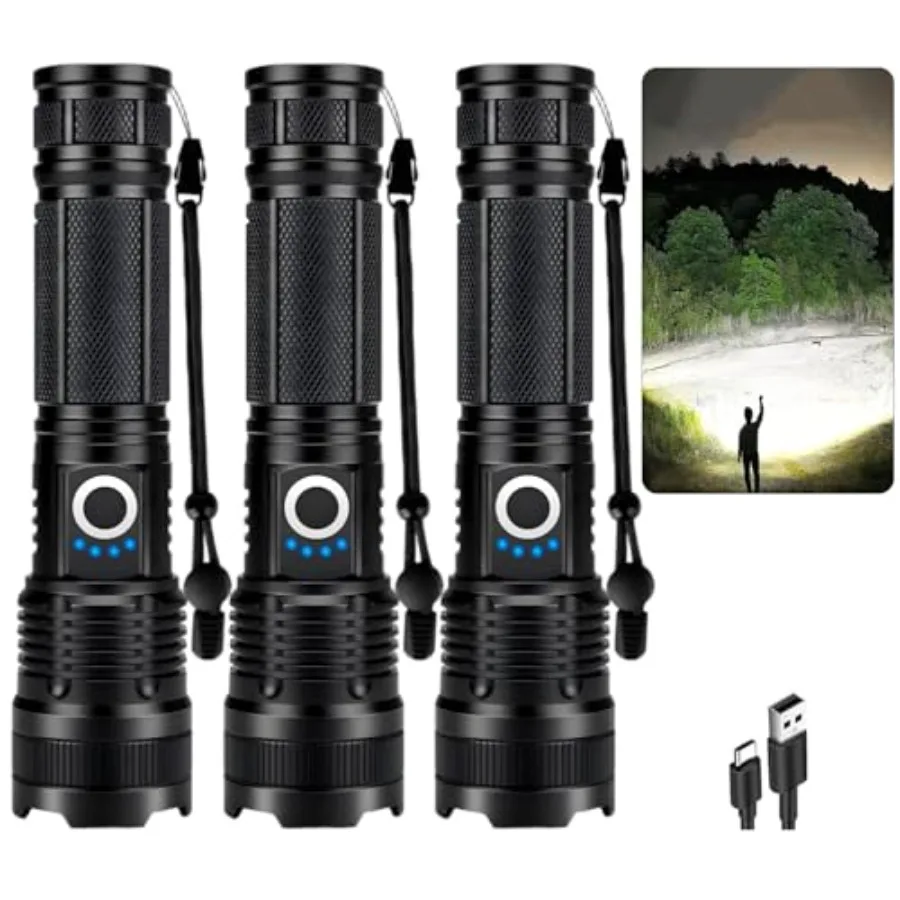 3 Pack Rechargeable Flashlight High Lumens 99 000 Lumens Super Bright LED Flashlights with Adjustable Focus 5 Modes IPX7 Waterp