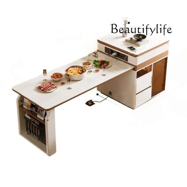 Slate retractable island table household induction cooker integrated kitchen multi-functional storage mid-island